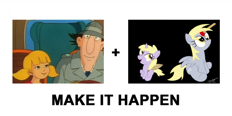 Size: 800x400 | Tagged: safe, artist:loomx, derpibooru import, derpy hooves, dinky hooves, pegasus, pony, crossover, exploitable meme, female, inspector gadget, make it happen, mare, meta, parody, penny