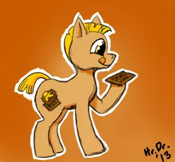 Size: 500x462 | Tagged: safe, artist:herrdoktorrr, derpibooru import, ponified, earth pony, food pony, original species, pony, 30 minute art challenge, :q, eyes on the prize, food, licking, licking lips, looking at something, male, orange background, simple background, smiling, solo, stallion, tongue out, waffle