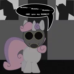 Size: 1280x1280 | Tagged: safe, artist:asksweetiebot, derpibooru import, sweetie belle, pony, robot, robot pony, unicorn, ask sweetie bot, ask, comic, doctor who, empty child, female, filly, foal, gas mask, hooves, horn, implications, solo, sweetie bot, the empty child, the implications are horrible, tumblr