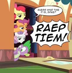 Size: 821x837 | Tagged: apple bloom, cutie mark crusaders, derpibooru import, edit, edited screencap, harem, just for sidekicks, raep tiem, scootaloo, screencap, spike, suggestive, sweetie belle