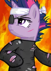 Size: 480x670 | Tagged: safe, artist:majorfreddy, artist:wisdom-thumbs, derpibooru import, twilight sparkle, pony, unicorn, clothes, escape from new york, eyepatch, female, fire, future twilight, hooves, horn, mare, parody, ripping clothes, solid sparkle, solo