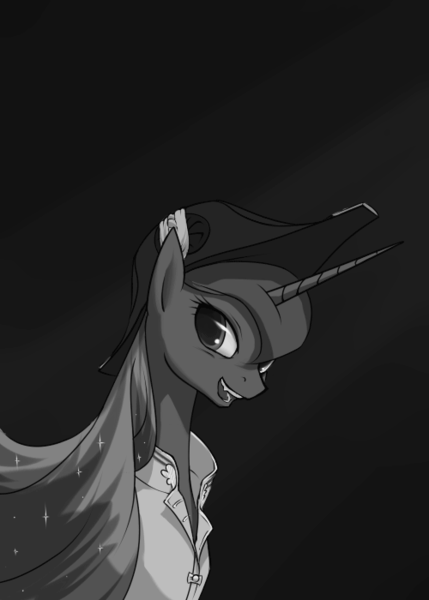 Size: 500x700 | Tagged: artist:marbleyarns, bicorne, bust, captain luna, clothes, derpibooru import, hat, monochrome, portrait, princess luna, safe, solo, tumblr, under a paper moon