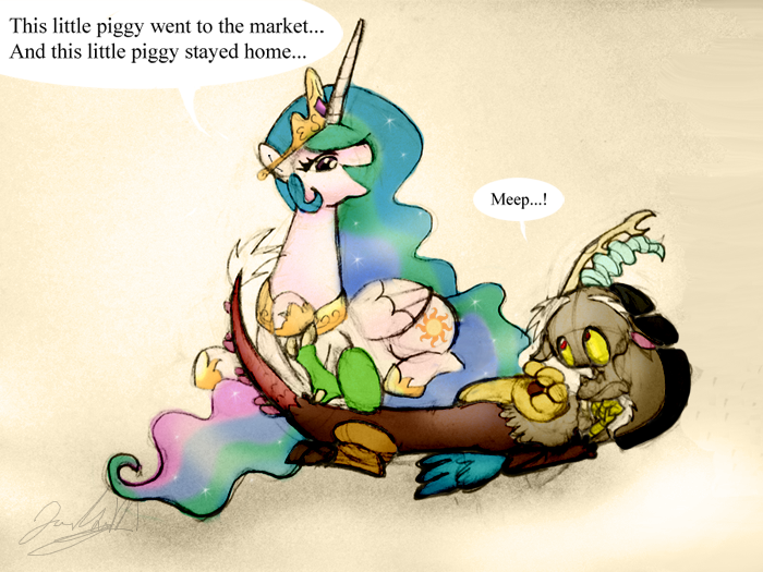 Size: 700x525 | Tagged: safe, artist:cryssy-miu, derpibooru import, discord, princess celestia, dislestia, female, male, shipping, straight, this little piggy