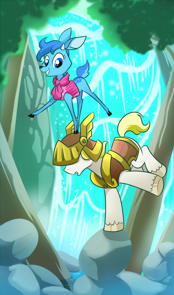 Size: 940x1600 | Tagged: safe, artist:madmax, derpibooru import, oc, oc:larkspur, unofficial characters only, deer, earth pony, pony, armor, huzzercarwhel, unshorn fetlocks, waterfall