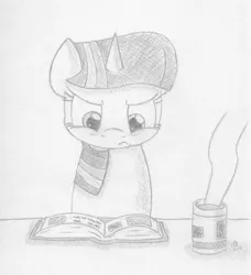 Size: 1280x1404 | Tagged: safe, artist:ramott, derpibooru import, twilight sparkle, book, drink, reading, tea, traditional art