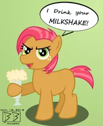 Size: 650x800 | Tagged: artist:gil-hushpond, babs seed, drink, i drink your milkshake, milkshake, one bad apple, safe, speech bubble, there will be blood