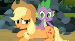 Size: 1600x871 | Tagged: safe, derpibooru import, screencap, applejack, spike, dragon, earth pony, pony, spike at your service, back scratching, butt touch, female, hand on butt, male, mare, massage, petting, youtube caption, youtube link