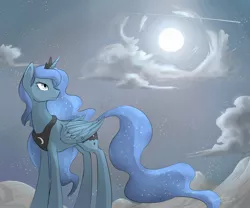 Size: 2100x1750 | Tagged: artist:stupidyou3, cloud, cloudy, looking back, moon, night, princess luna, safe, shooting star, solo