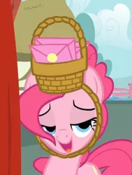 Size: 435x576 | Tagged: basket, basket hat, derpibooru import, door, hat, lidded eyes, out of context, party of one, pinkie pie, safe, screencap, solo