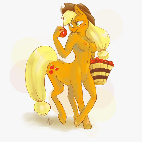 Size: 1000x1000 | Tagged: anthro, anthro centaur, apple, applejack, artist:lizombie, belly button, breasts, bucket, busty applejack, centaur, centaurified, centaurjack, dead source, derpibooru import, female, nipples, nudity, ponytaur, questionable, simple background, solo, solo female, taur