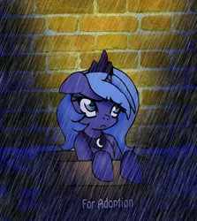 Size: 701x787 | Tagged: safe, artist:dankodeadzone, derpibooru import, princess luna, oc, pony, adoption, box, brick wall, jewelry, pony in a box, rain, regalia, s1 luna, sad, solo