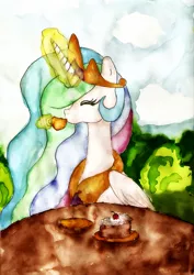 Size: 1598x2258 | Tagged: artist:chiuuchiuu, cake, happy, magic, princess celestia, safe, solo, tea, teacup, telekinesis, traditional art