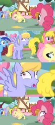 Size: 900x2025 | Tagged: cherry berry, cloud kicker, derpibooru import, derp kicker, edit, edited screencap, facebomb, fluttershy, griffon the brush off, minuette, photobomb, pinkie pie, safe, screencap, tenso, wat