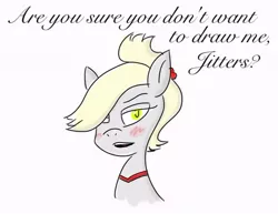 Size: 500x385 | Tagged: safe, artist:theoreticalquestion, derpibooru import, derpy hooves, pegasus, pony, bedeviled-derpy, bedeviledderpy, dialogue, fanart, female, jitterbug jive, jitters, mare, simple background, solo, tumblr, white background