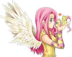 Size: 1119x895 | Tagged: safe, artist:d-tomoyo, derpibooru import, fluttershy, human, pony, :o, blushing, clothes, cute, evening gloves, eye contact, heart, holding a pony, human ponidox, humanized, in goliath's palm, looking at each other, micro, open mouth, shyabetes, simple background, solo, spread wings, tiny, tiny ponies, transparent background, winged humanization, wings