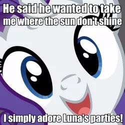 Size: 500x500 | Tagged: safe, derpibooru import, princess luna, rarity, pony, unicorn, close-up, cute, extreme close up, female, hi anon, image macro, innocent, mare, meme, raribetes