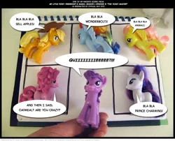 Size: 1024x826 | Tagged: safe, artist:kturtle, derpibooru import, applejack, fluttershy, pinkie pie, rainbow dash, rarity, twilight sparkle, earth pony, pegasus, pony, unicorn, brushable, comic, dialogue, female, irl, mane six, mare, my favorite scenes, photo, toy