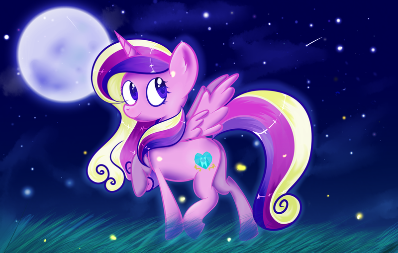 Size: 1024x652 | Tagged: safe, artist:firepoppy, derpibooru import, princess cadance, alicorn, pony, moon, night, shooting star, solo