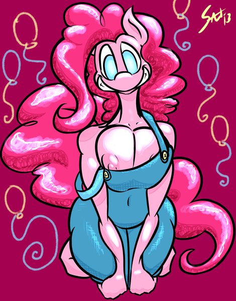Size: 2863x3656 | Tagged: anthro, artist:saliantsunbreeze, breasts, busty pinkie pie, derpibooru import, female, naked overalls, nipples, nudity, overalls, pinkie pie, questionable, simple background, solo, solo female