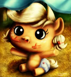 Size: 960x1032 | Tagged: applejack, artist:normalcolt, baby, babyjack, creepy, diaper, no mouth, safe, solo, uncanny valley