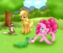 Size: 1200x1020 | Tagged: applejack, artist:poneebill, gummy, pinkie pie, safe, sock, tug of war, winona