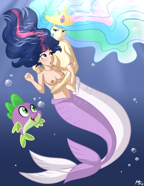 Size: 1041x1347 | Tagged: artist:megasweet, belly button, breasts, busty princess celestia, commission, derpibooru import, female, fish, hilarious in hindsight, humanized, lesbian, mermaid, mermaidized, mermaid lovers, nipples, nudity, predicted the show, predicting the future, prediction, princess celestia, questionable, sealestia, shipping, species swap, spike, topless, twilestia, twilight sparkle, underwater