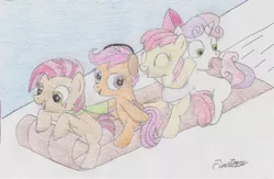 Size: 1892x1230 | Tagged: apple bloom, artist:poknees, babs seed, cutie mark crusaders, derpibooru import, happy, headphones, safe, scootaloo, smiling, sweetie belle, traditional art