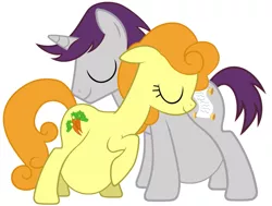 Size: 1189x898 | Tagged: safe, derpibooru import, carrot top, golden harvest, written script, earth pony, pony, unicorn, goldenscript, male pregnancy, pregnant, pregnant edit, shipping, show accurate, smiling