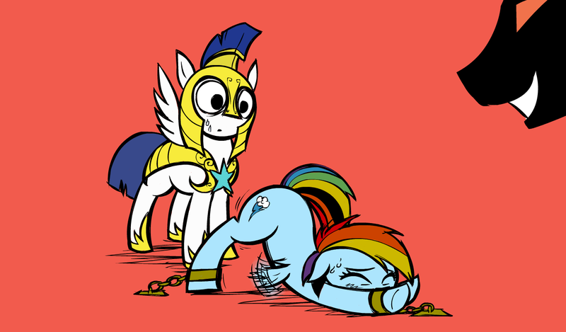 Size: 1280x750 | Tagged: semi-grimdark, suggestive, artist:lazy, derpibooru import, princess celestia, rainbow dash, pegasus, pony, abuse, armor, bondage, chains, clipped wings, dashabuse, dashed rainbow, face down ass up, female, femsub, floppy ears, grin, helmet, imminent rape, imminent sex, presenting, raised tail, royal guard, smiling, spread legs, spreading, submissive, sweat, tail