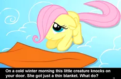 Size: 1024x671 | Tagged: safe, derpibooru import, fluttershy, pegasus, pony, blanket, bronybait, caption, cloud, cs captions, filly, floppy ears, foal