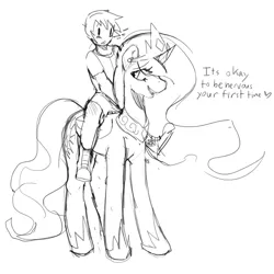 Size: 1000x1000 | Tagged: safe, artist:mewball, derpibooru import, princess celestia, alicorn, human, pony, crown, grayscale, hoof shoes, humans riding ponies, innuendo, jewelry, looking back, momlestia, monochrome, nervous, peytral, regalia, riding, smiling, speech, standing
