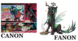 Size: 1327x695 | Tagged: artist:lanmana, canon, changeling, comparison, cute, cutealis, cute citizens of wuvy-dovey land, derpibooru import, draco in leather pants, fanon, idw, meta, pie, queen chrysalis, safe, spoiler:comic, text, the return of queen chrysalis, wovey dovey land
