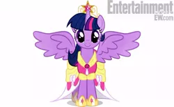 Size: 510x317 | Tagged: safe, derpibooru import, twilight sparkle, twilight sparkle (alicorn), alicorn, pony, magical mystery cure, alicorn drama, entertainment weekly, looking at you, pony history, smiling, solo, spread wings