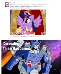 Size: 677x816 | Tagged: safe, derpibooru import, twilight sparkle, twilight sparkle (alicorn), alicorn, pony, magical mystery cure, actually pretty funny, alicorn drama, female, galvatron, hashtag, hub logo, mare, roflbot, the transformers: the movie, this is bad comedy, transformers