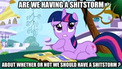 Size: 624x351 | Tagged: book, derpibooru import, edit, edited screencap, friendship is magic, frown, gritted teeth, image macro, prone, safe, screencap, shitception, solo, thinking, twilight sparkle, vulgar