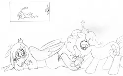 Size: 1169x722 | Tagged: suggestive, artist:foxxy-arts, derpibooru import, gilda, pinkie pie, gryphon, blushing, fetish, foot fetish, foreplay, gildapie, monochrome, paw fetish, paws, popsicle, question mark, shipping, snoring, tickling
