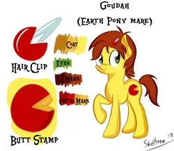 Size: 3464x3000 | Tagged: safe, artist:shelltoon, derpibooru import, oc, oc:goudah, unofficial characters only, earth pony, cheese wheel, earth pony oc, goudah, green eyes, hairclip, image, png, reference sheet, simple background, watermar, watermark, white background