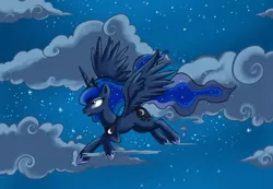 Size: 3000x2076 | Tagged: artist:crystal-secret, cloud, cloudy, derpibooru import, flying, princess luna, safe, sky, solo