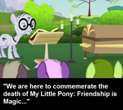 Size: 570x511 | Tagged: safe, derpibooru import, edit, edited screencap, screencap, coco crusoe, mr. waddle, oakey doke, welch, pony, hearts and hooves day (episode), alicorn drama, alicorngate, background pony strikes again, cropped, funeral, harsher in hindsight, hearts and hooves day, text, twilicorngate