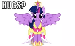 Size: 510x317 | Tagged: safe, derpibooru import, twilight sparkle, twilight sparkle (alicorn), alicorn, pony, magical mystery cure, bronybait, female, hug, hug request, image macro, looking at you, mare, simple background, smiling, solo, spread wings, white background