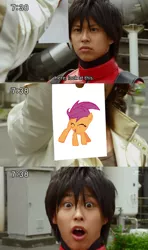 Size: 532x900 | Tagged: chicken jokes, derpibooru import, go-busters, hiromu, jin masato, safe, scootachicken, scootaloo, super sentai