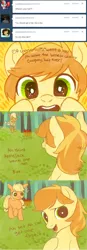 Size: 500x1440 | Tagged: safe, artist:nyonhyon, derpibooru import, applejack, braeburn, colt, comic, cute, filly, floppy ears, looking at you, open mouth, raised hoof, smiling, tumblr