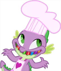 Size: 4327x5000 | Tagged: absurd resolution, apron, artist:ambassad0r, chef, chef's hat, clothes, derpibooru import, dragon, gem, hat, just for sidekicks, le ruse master, naked apron, safe, simple background, spike, .svg available, transparent background, vector