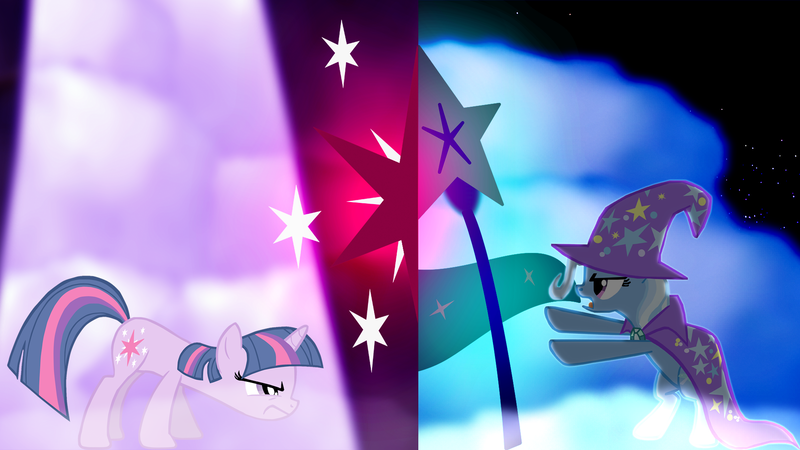 Size: 1920x1080 | Tagged: artist:flutterflyraptor, derpibooru import, safe, trixie, twilight sparkle, vector, wallpaper