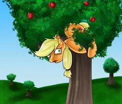 Size: 1400x1192 | Tagged: safe, artist:myhysteria, derpibooru import, applejack, earth pony, pony, apple, apple tree, derp, female, frown, grass, hatless, looking at you, mare, missing accessory, open mouth, ponified animal photo, silly, silly pony, solo, stuck, tree, who's a silly pony, wide eyes
