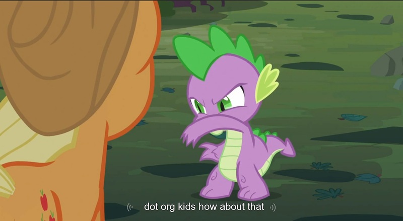 Size: 1599x877 | Tagged: safe, derpibooru import, edit, edited screencap, screencap, applejack, spike, dragon, earth pony, pony, spike at your service, caption, female, male, mare, youtube caption