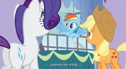 Size: 1598x873 | Tagged: safe, derpibooru import, edit, edited screencap, screencap, applejack, rainbow dash, rarity, earth pony, pegasus, pony, unicorn, spike at your service, butt, caption, female, mare, plot, scrunchy face, youtube caption