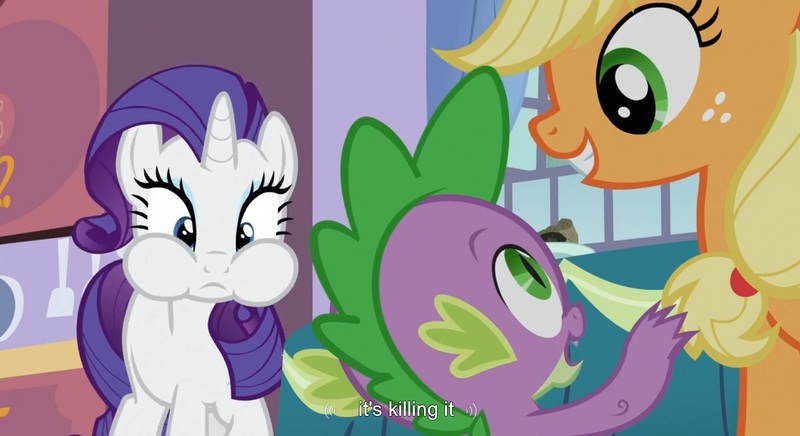 Size: 1591x867 | Tagged: safe, derpibooru import, screencap, applejack, rarity, spike, dragon, earth pony, pony, unicorn, spike at your service, chubby cheeks, female, male, mare, puffy cheeks, youtube caption