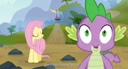 Size: 1599x871 | Tagged: safe, derpibooru import, edit, edited screencap, screencap, fluttershy, spike, dragon, pony, spike at your service, caption, female, male, mare, youtube caption