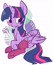 Size: 500x608 | Tagged: suggestive, artist:briskby, derpibooru import, edit, twilight sparkle, twilight sparkle (alicorn), alicorn, pony, blushing, clothes, female, mare, sitting, socks, solo, solo female, thigh highs